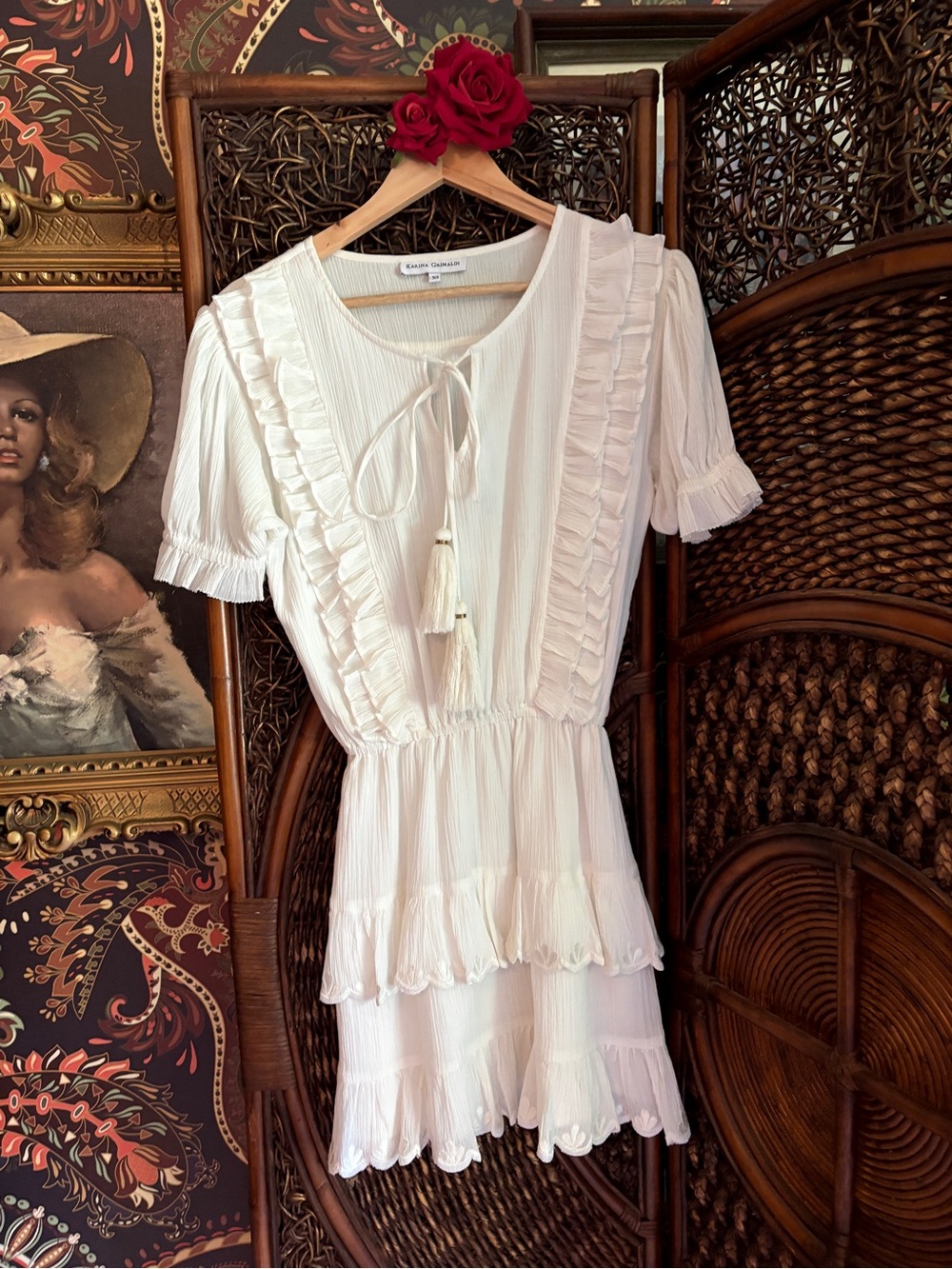 Karina Grimaldi Ivory Ruffle Mini Dress XS Boho Tassel Tiered Cottagecore